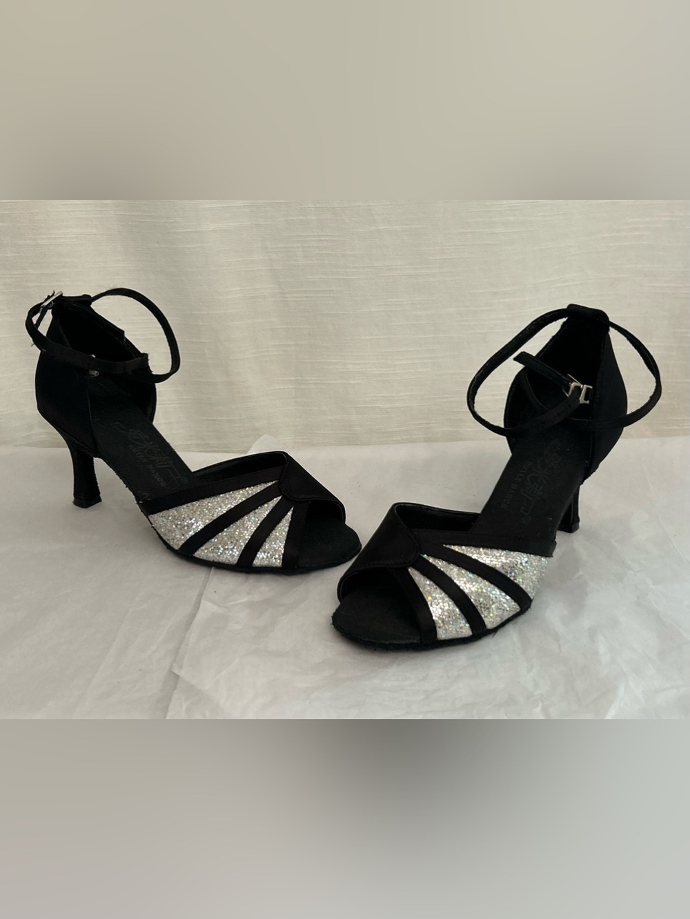 NWT Black Ankle-Strap Dance Kitten Heels‎ with Silver Glitter Accents